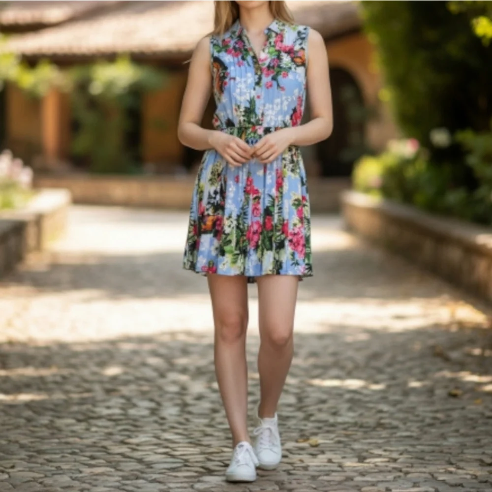 Juicy Couture Paradise Blue Sleeveless Hawaiian Floral Mini Dress Sz 4 - Picture 2 of 14